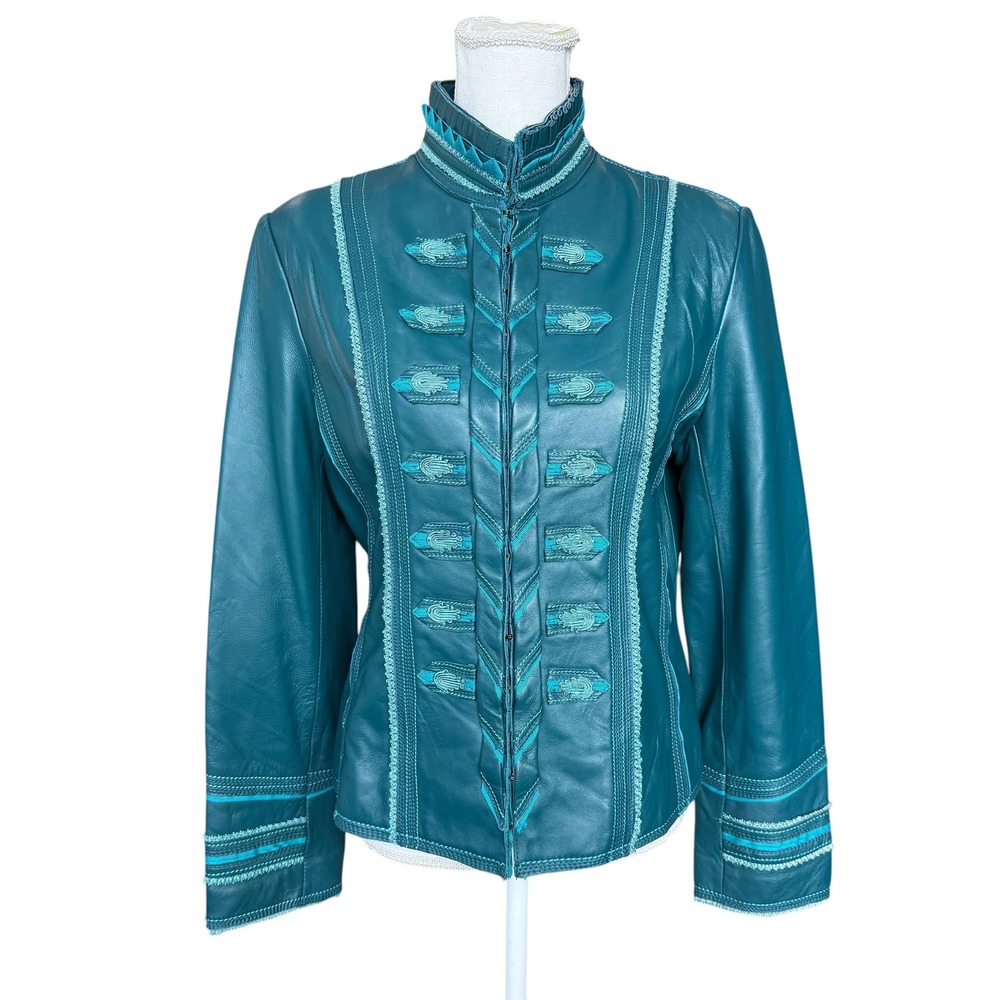Pamela McCoy Teal Leather Military Jacket Soutache Embroidered Small Teal Blue